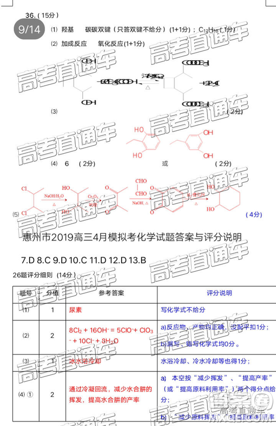 2019年惠州一模理綜試題及參考答案