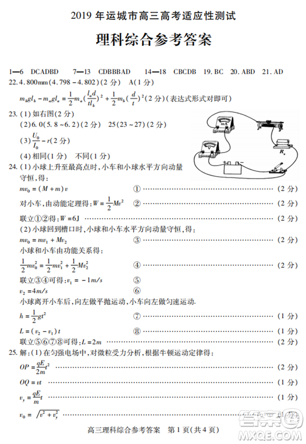 2019年運(yùn)城市高三高考適應(yīng)性測(cè)試文理綜試卷及答案