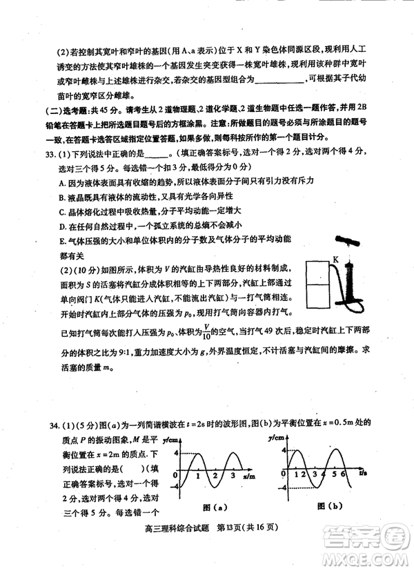 2019年運(yùn)城市高三高考適應(yīng)性測(cè)試文理綜試卷及答案