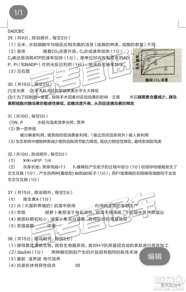 2019年潮州二模文理綜試題及參考答案