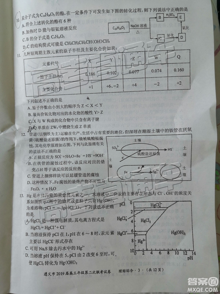 2019年遵義二模文理綜試題及參考答案