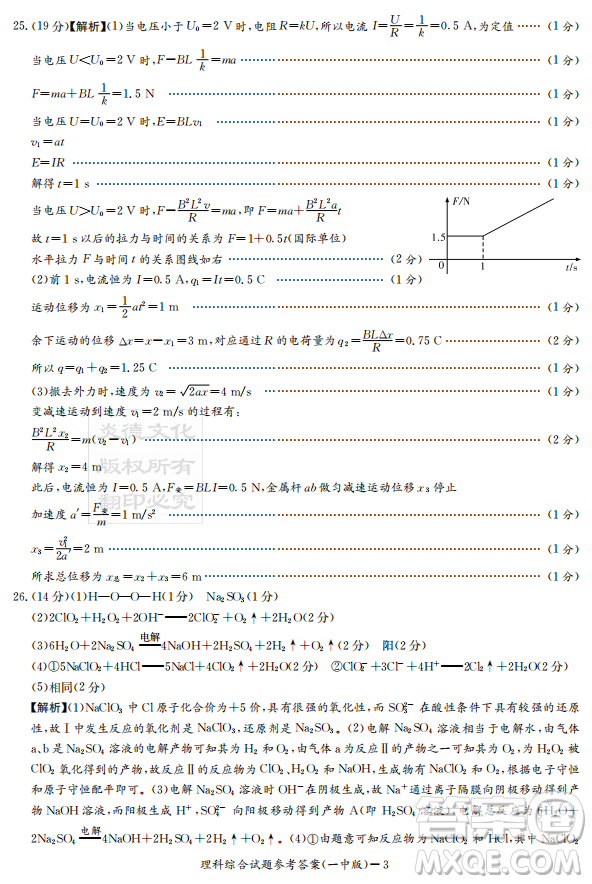 2019年炎德英才大聯(lián)考長沙市一中高三月考試卷九理科綜合答案