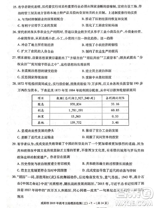 2019年高三咸陽三模文理綜試題及參考答案