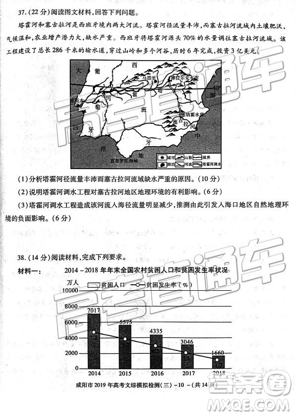 2019年高三咸陽三模文理綜試題及參考答案