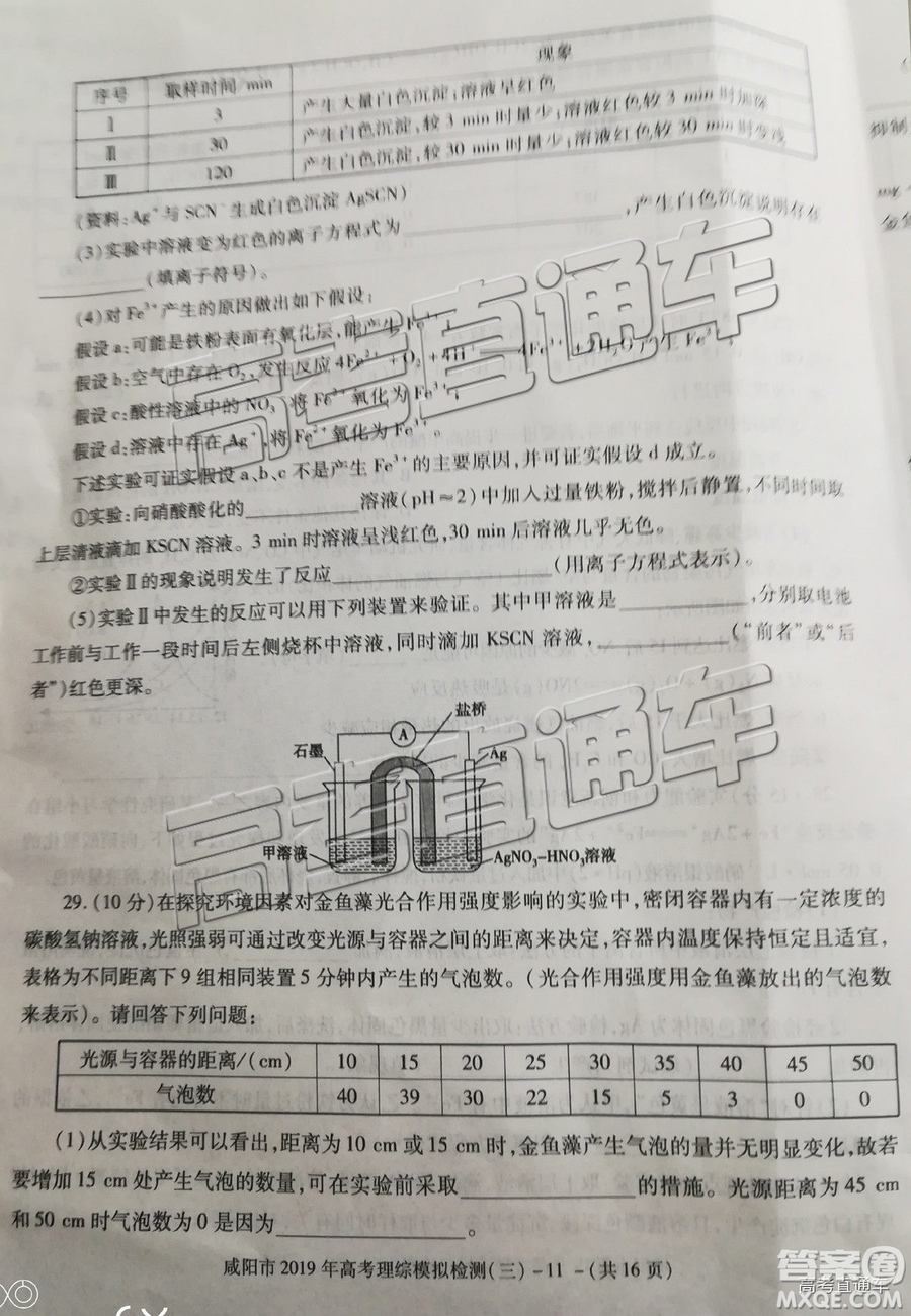 2019年高三咸陽三模文理綜試題及參考答案