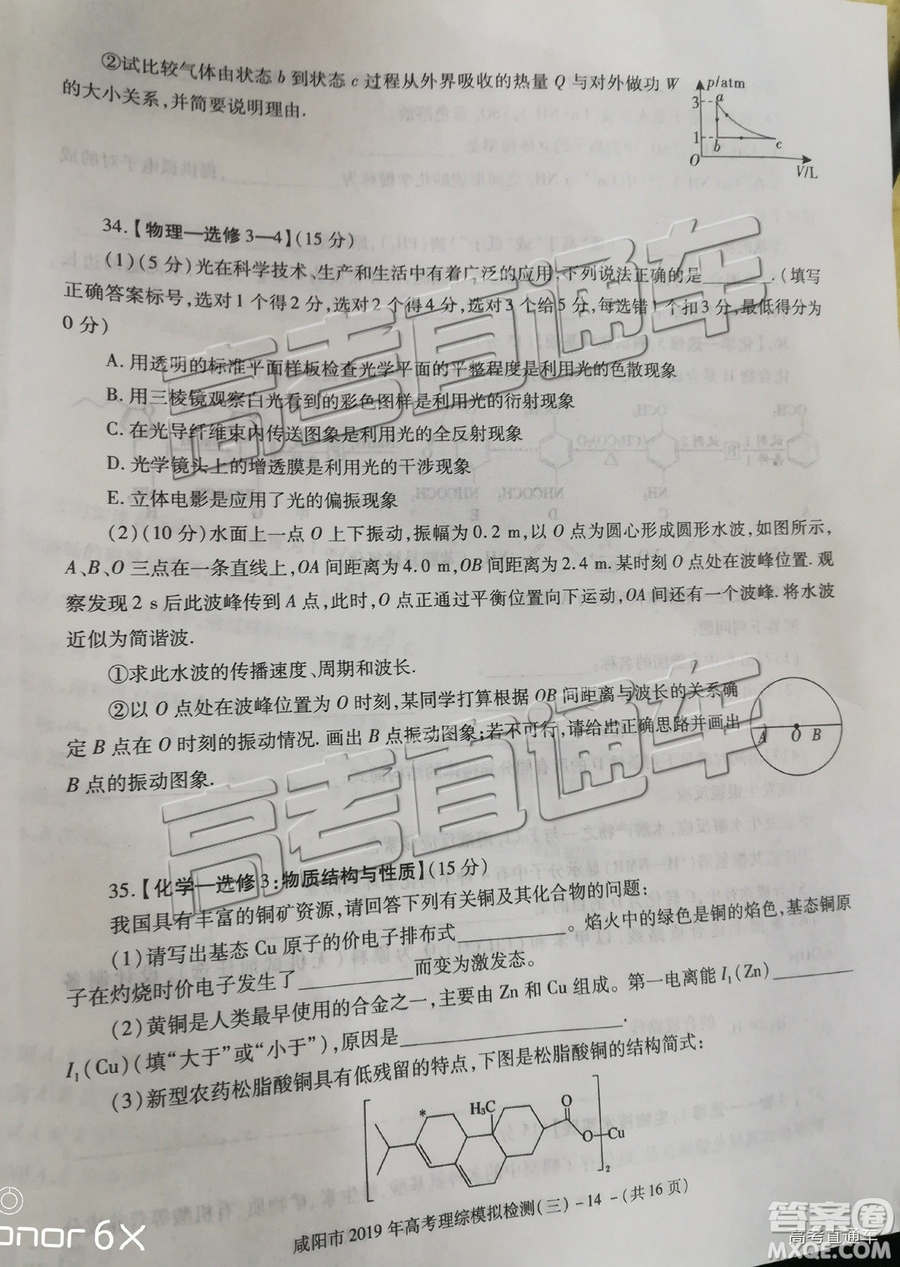 2019年高三咸陽三模文理綜試題及參考答案