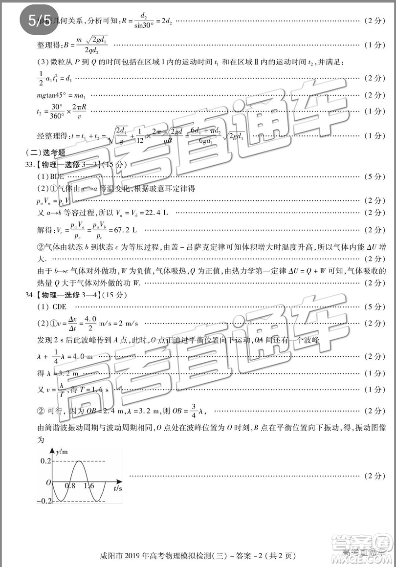 2019年高三咸陽三模文理綜試題及參考答案