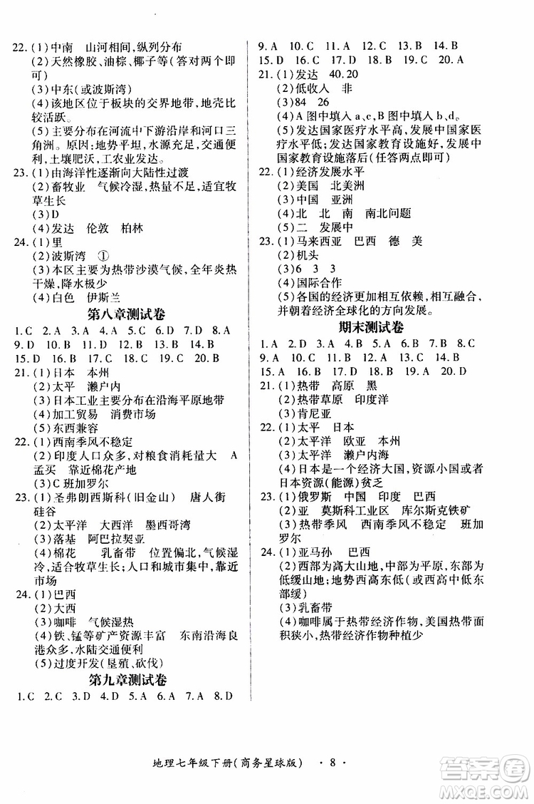 2019年一課一練創(chuàng)新練習(xí)七年級下地理商務(wù)星球版參考答案