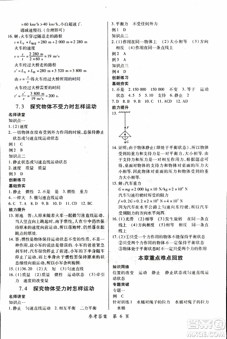 2019年一課一練創(chuàng)新練習(xí)八年級(jí)下冊(cè)物理滬粵版參考答案