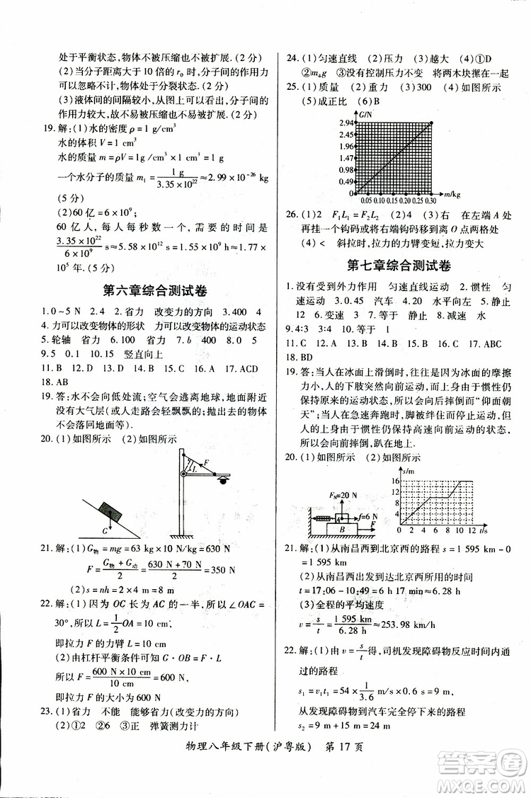 2019年一課一練創(chuàng)新練習(xí)八年級(jí)下冊(cè)物理滬粵版參考答案