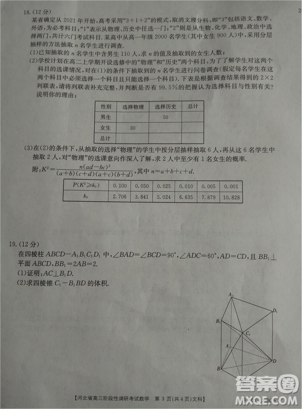 2019年河北省高三階段性調(diào)研考試四月聯(lián)考文數(shù)試題及答案