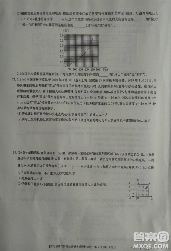 2019年河北省高三階段性調(diào)研考試四月聯(lián)考理綜試題及答案