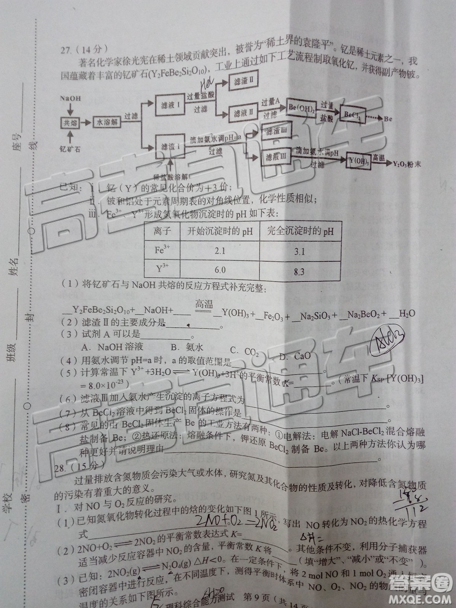 2019年漳州三檢、龍巖二檢理綜試題及參考答案