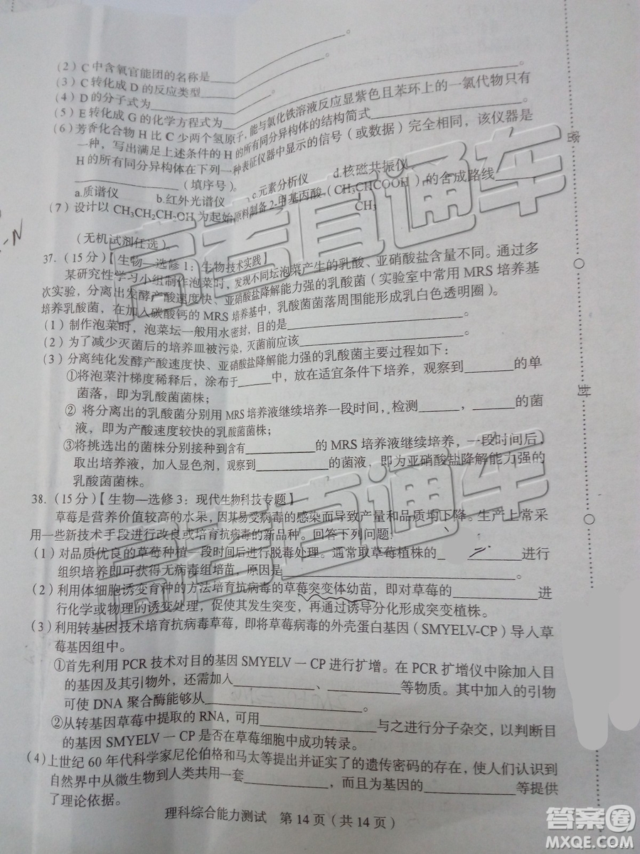 2019年漳州三檢、龍巖二檢理綜試題及參考答案