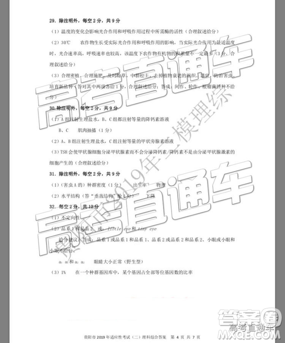 2019年貴陽二模理綜試題及參考答案