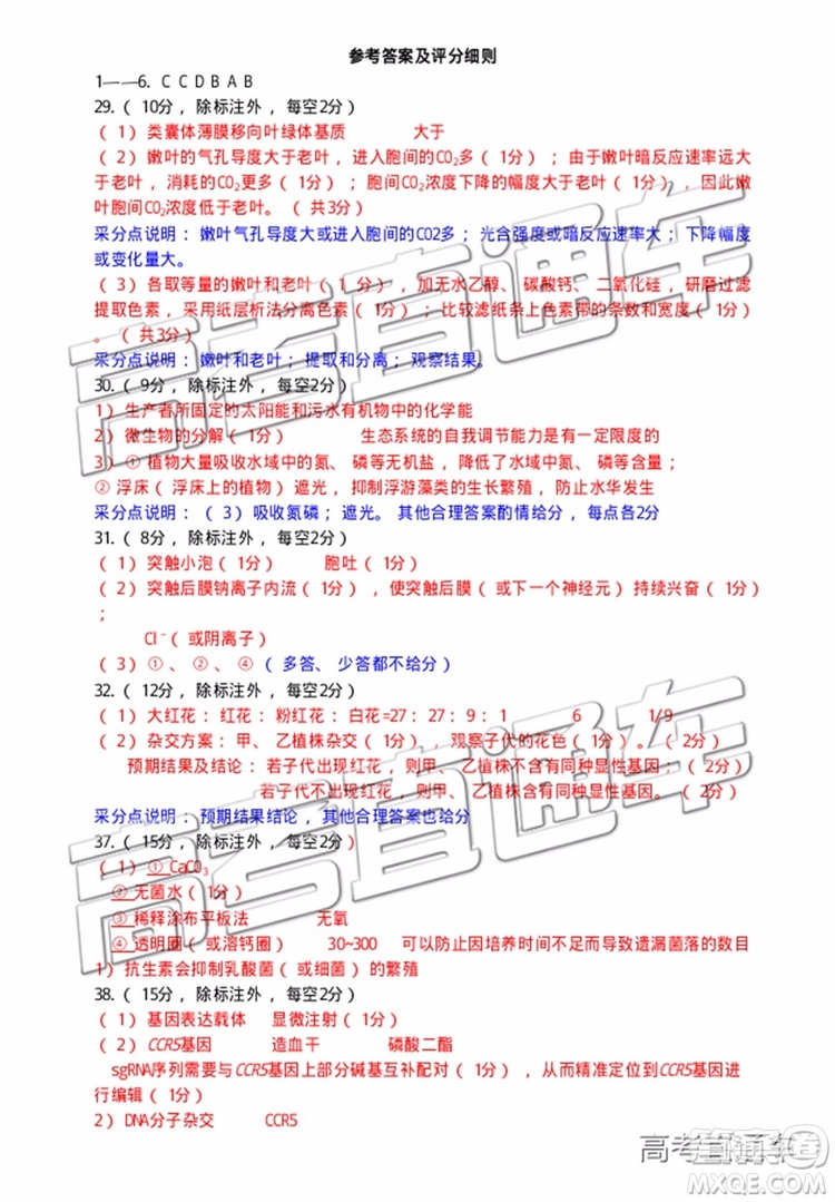 2019年寧德二檢文理綜試題及參考答案