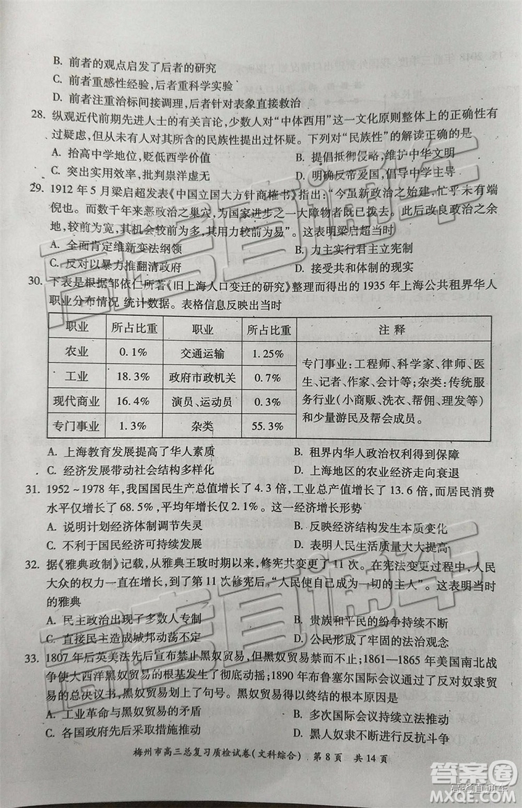 2019梅州二模文理綜試題及參考答案