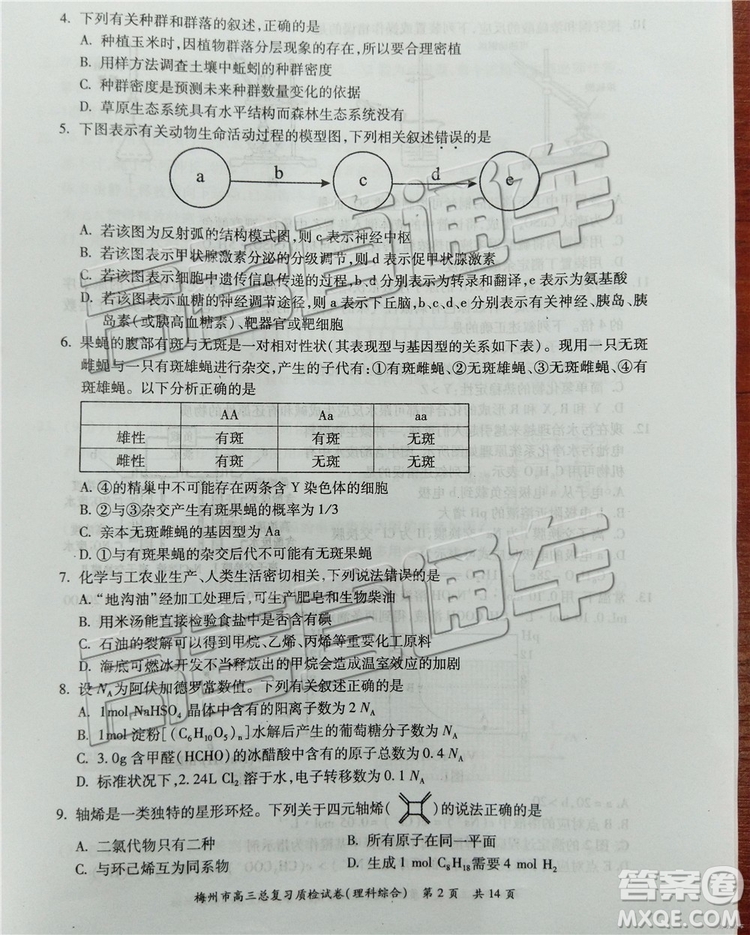 2019梅州二模文理綜試題及參考答案