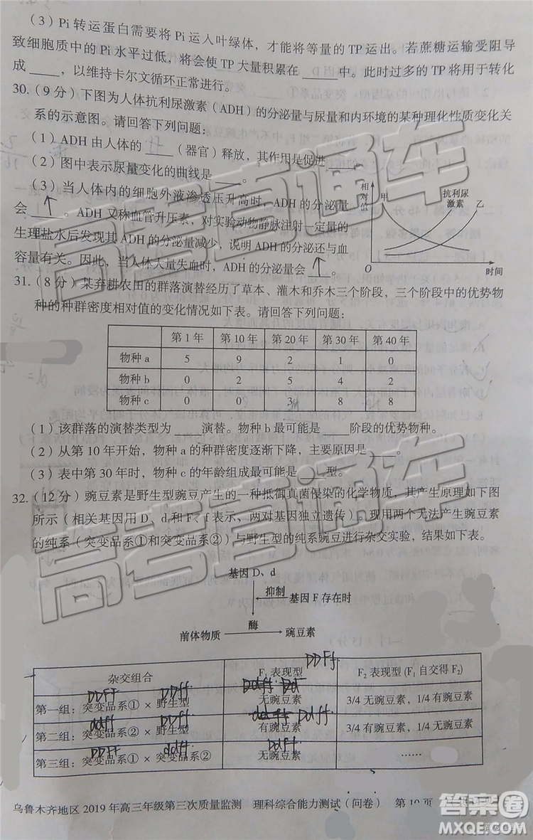 2019年烏魯木齊三模文理綜試題及參考答案