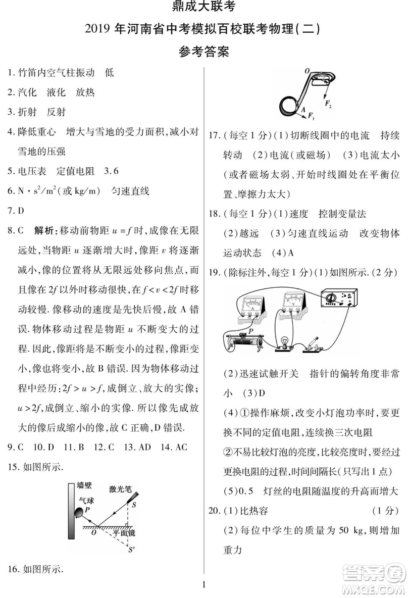 2019年鼎成大聯(lián)考第二次聯(lián)考物理答案解析