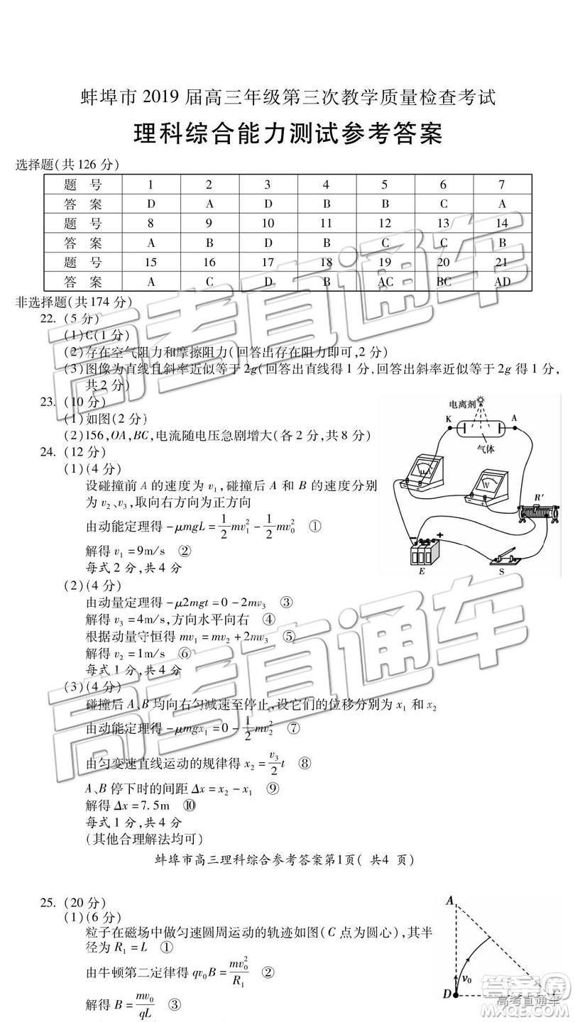 2019年蚌埠三檢理科綜合綜參考答案