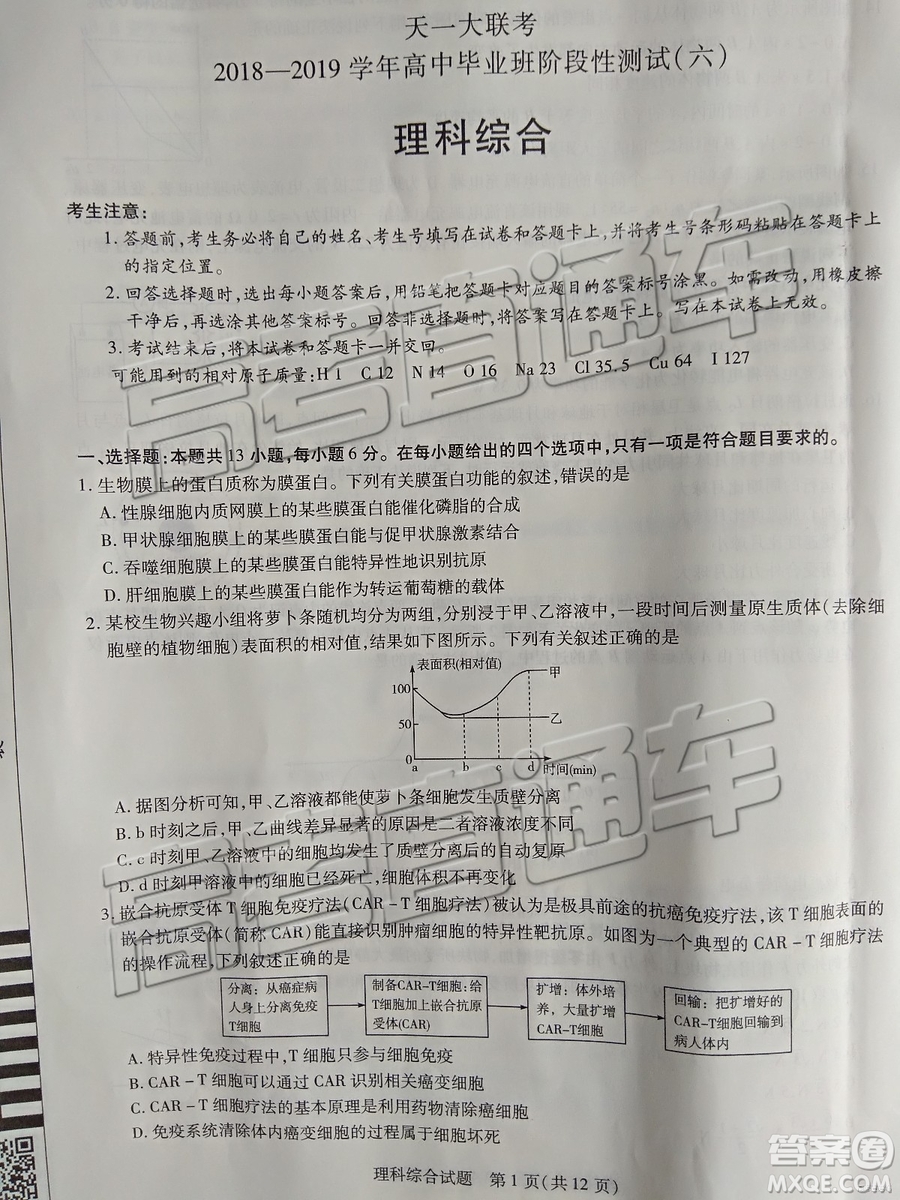 2019年天一大聯(lián)考高中畢業(yè)班階段性測(cè)試六河南H版文理綜試題及參考答案