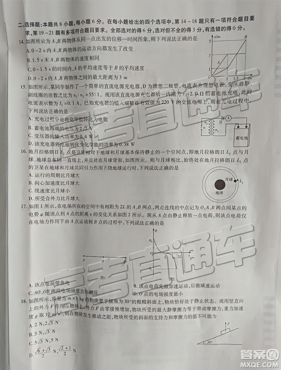 2019年天一大聯(lián)考高中畢業(yè)班階段性測(cè)試六河南H版文理綜試題及參考答案