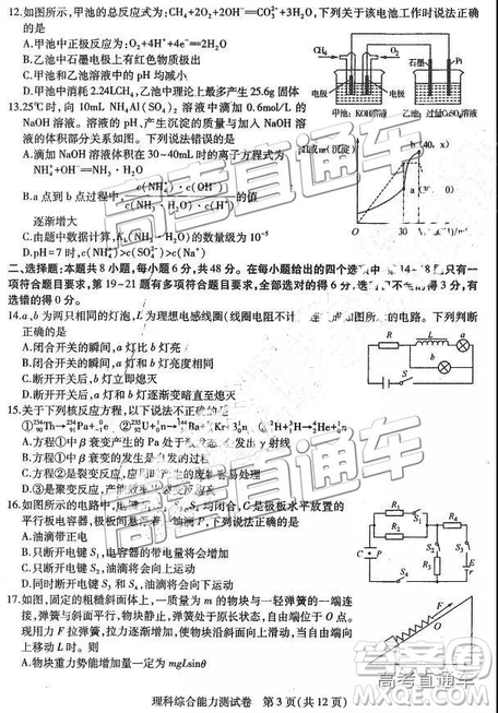 2019年?yáng)|三省三校三模文理綜試題及參考答案