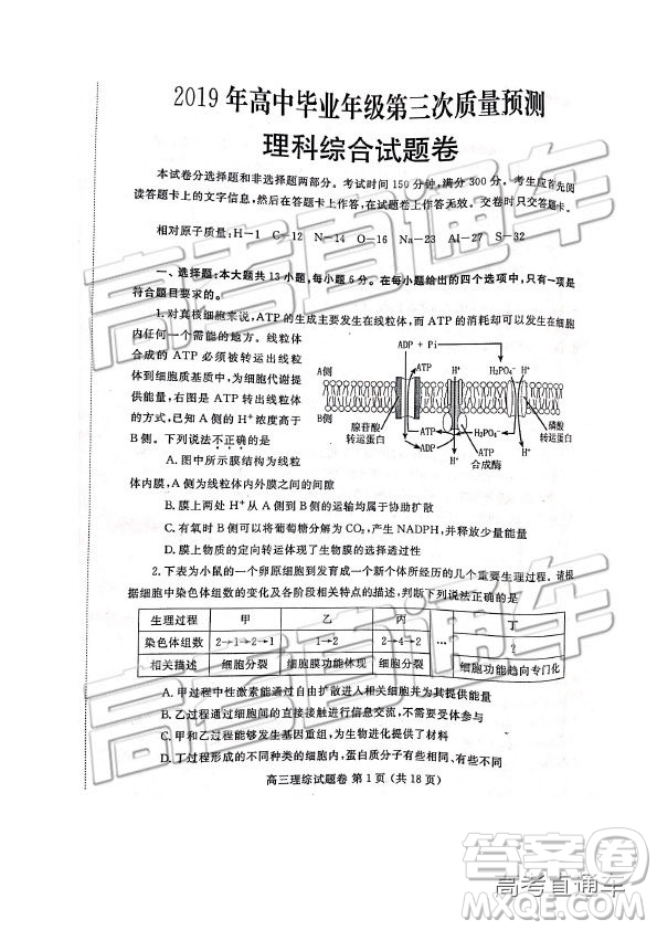 2019年河南高三第三次質量預測文理綜試題及參考答案