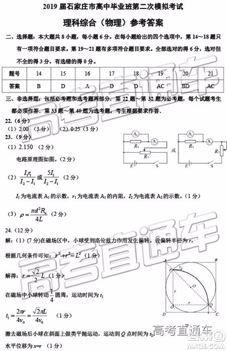 2019年石家莊二模文理綜試題及參考答案