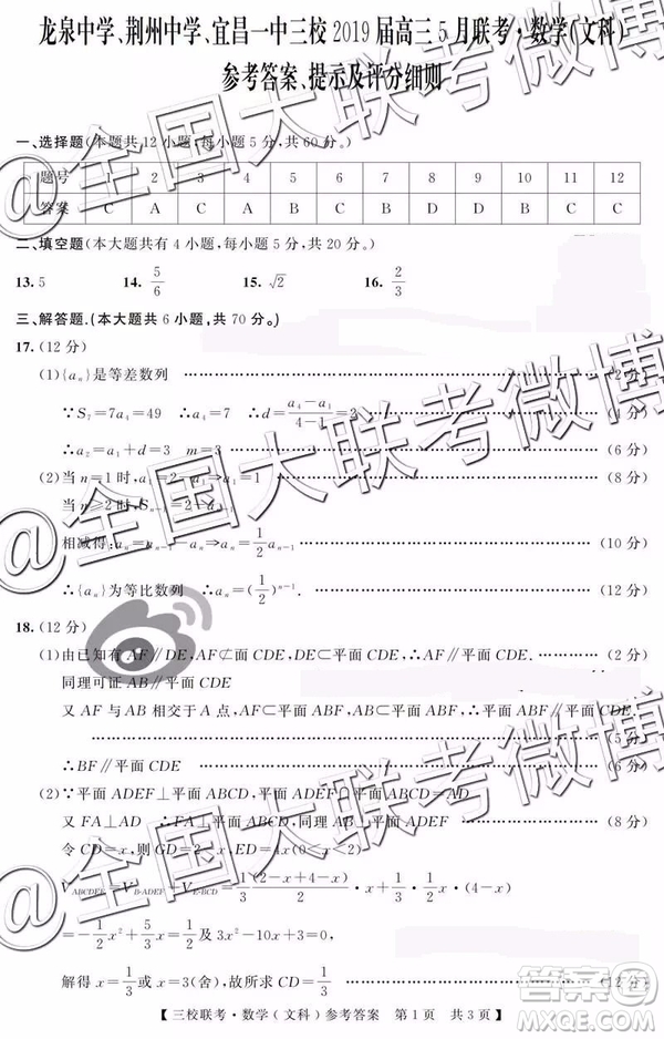 湖北省荊州中學(xué)宜昌一中龍泉中學(xué)2019屆高三5月聯(lián)考文理數(shù)參考答案