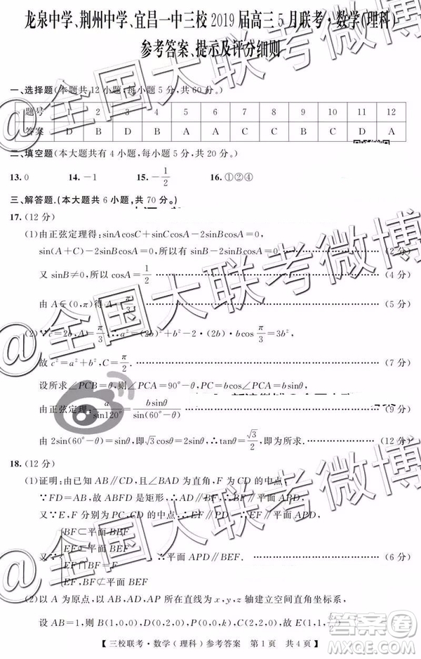 湖北省荊州中學(xué)宜昌一中龍泉中學(xué)2019屆高三5月聯(lián)考文理數(shù)參考答案