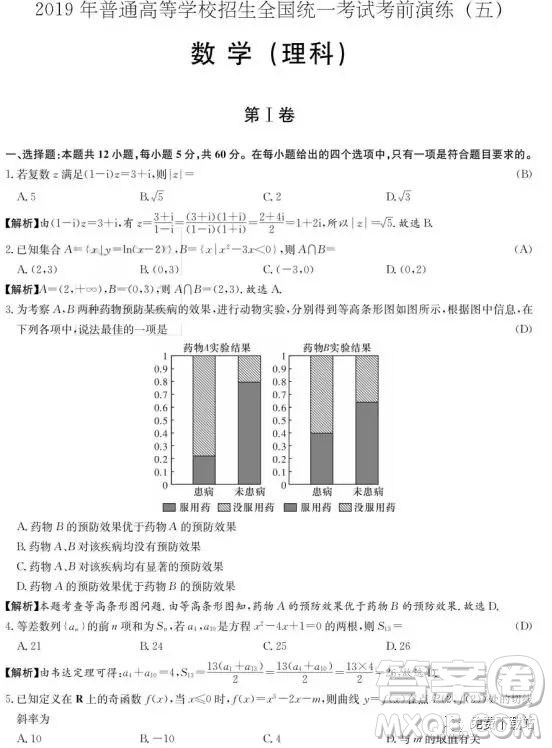 2019年湖南省師范大學(xué)附屬中學(xué)高三考前演練五理數(shù)試題答案