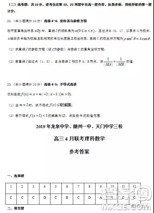 2019年龍泉中學(xué)、隨州一中、天門中學(xué)三校高三4月聯(lián)考理數(shù)答案