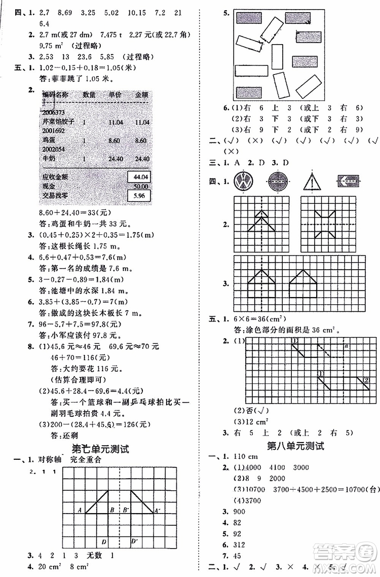 小兒郎2019年53全優(yōu)卷小學數(shù)學四年級下冊試卷RJ人教版參考答案