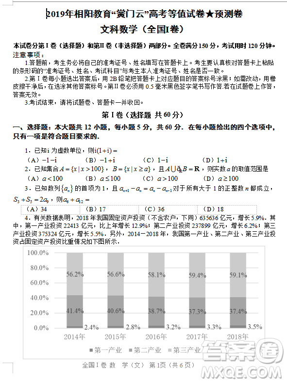 2019年相陽教育黌門云高考等值試卷預測卷全國Ⅰ卷文理數(shù)試題及答案