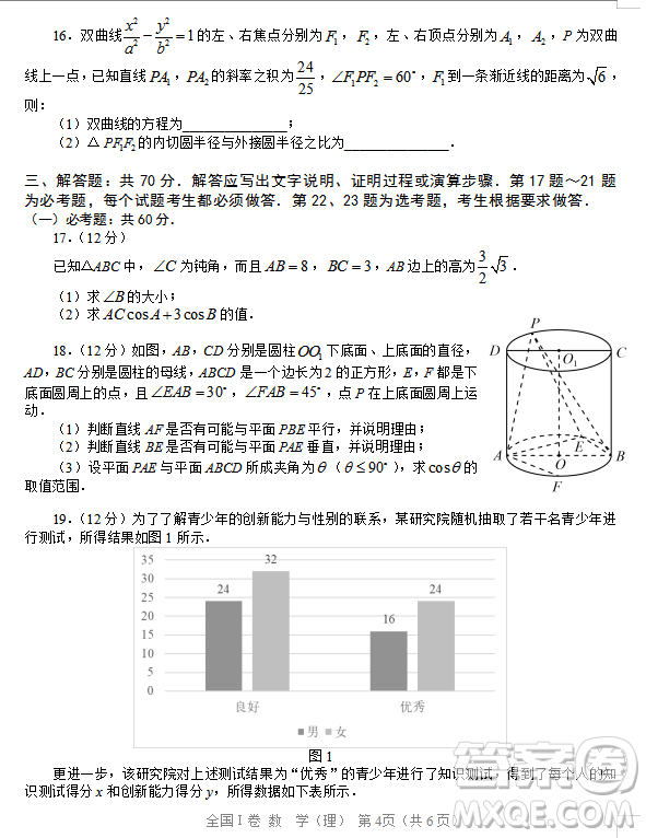 2019年相陽教育黌門云高考等值試卷預測卷全國Ⅰ卷文理數(shù)試題及答案