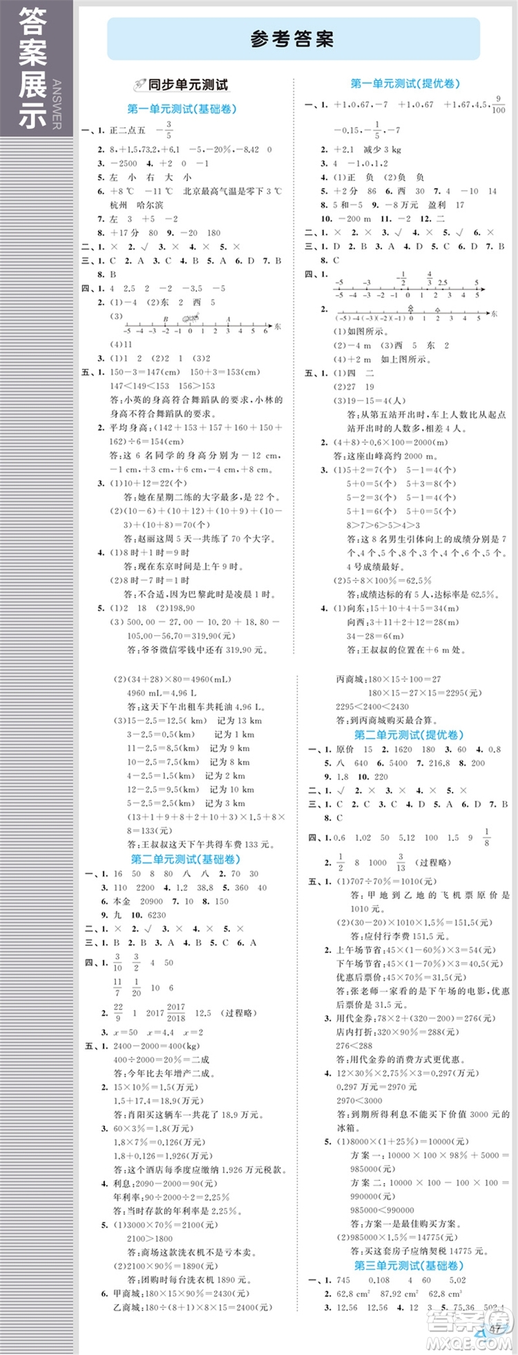 2019年53全優(yōu)卷小學數(shù)學六年級下冊試卷RJ人教版參考答案