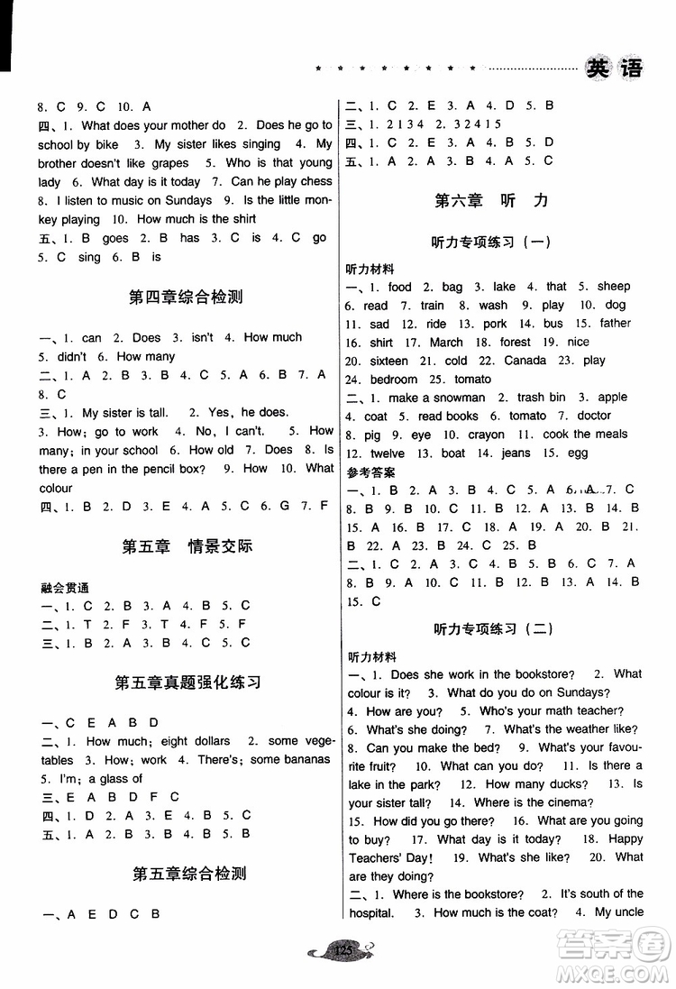 晨光全優(yōu)2019年云南省小學(xué)畢業(yè)總復(fù)習(xí)與檢測(cè)英語人教版PEP參考答案