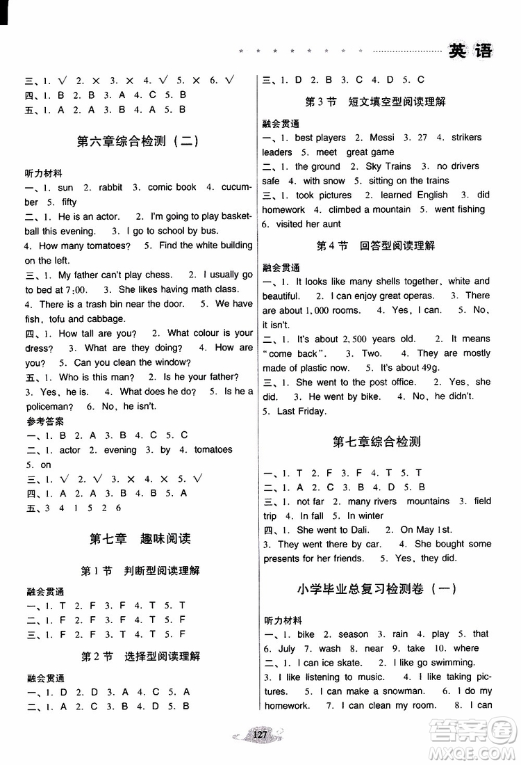 晨光全優(yōu)2019年云南省小學(xué)畢業(yè)總復(fù)習(xí)與檢測(cè)英語人教版PEP參考答案