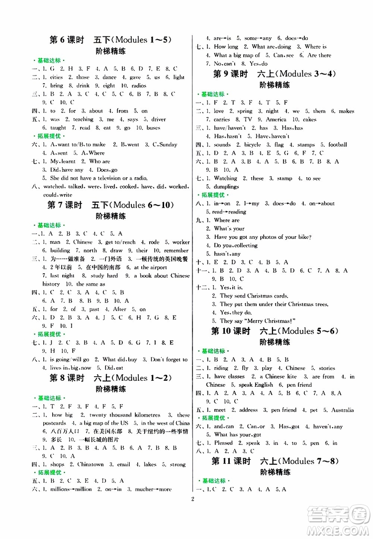 2019新版春雨教育實(shí)驗(yàn)班小學(xué)畢業(yè)總復(fù)習(xí)英語外研版WY版參考答案