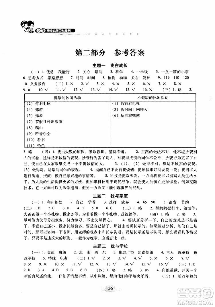 晨光全優(yōu)2019年云南省小學(xué)畢業(yè)總復(fù)習(xí)與檢測品德與社會參考答案