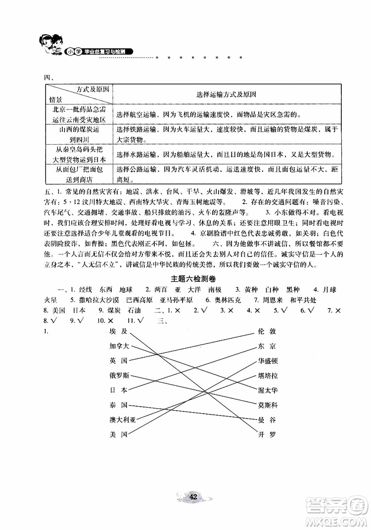 晨光全優(yōu)2019年云南省小學(xué)畢業(yè)總復(fù)習(xí)與檢測品德與社會參考答案