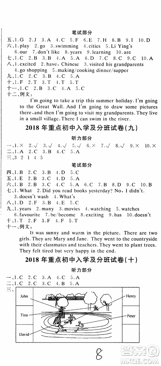 2019新版金題金卷小升初重點(diǎn)校入學(xué)測(cè)試卷英語(yǔ)參考答案