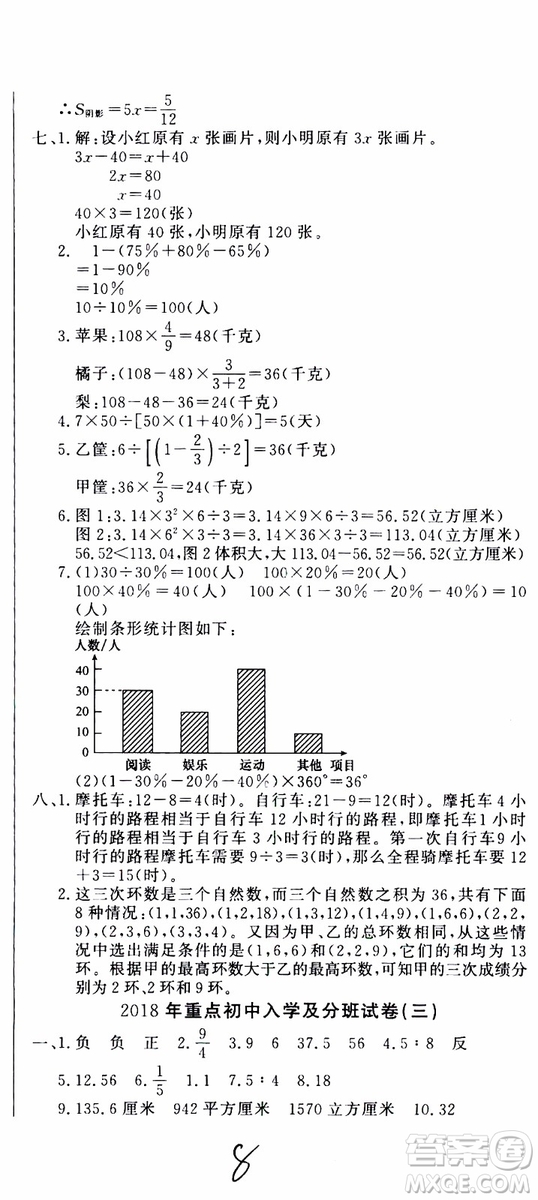 金題金卷2019年金卷小升初重點校入學測試卷數(shù)學參考答案