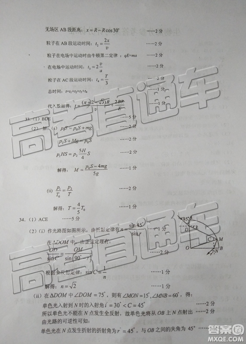 2019年威海二模理綜參考答案