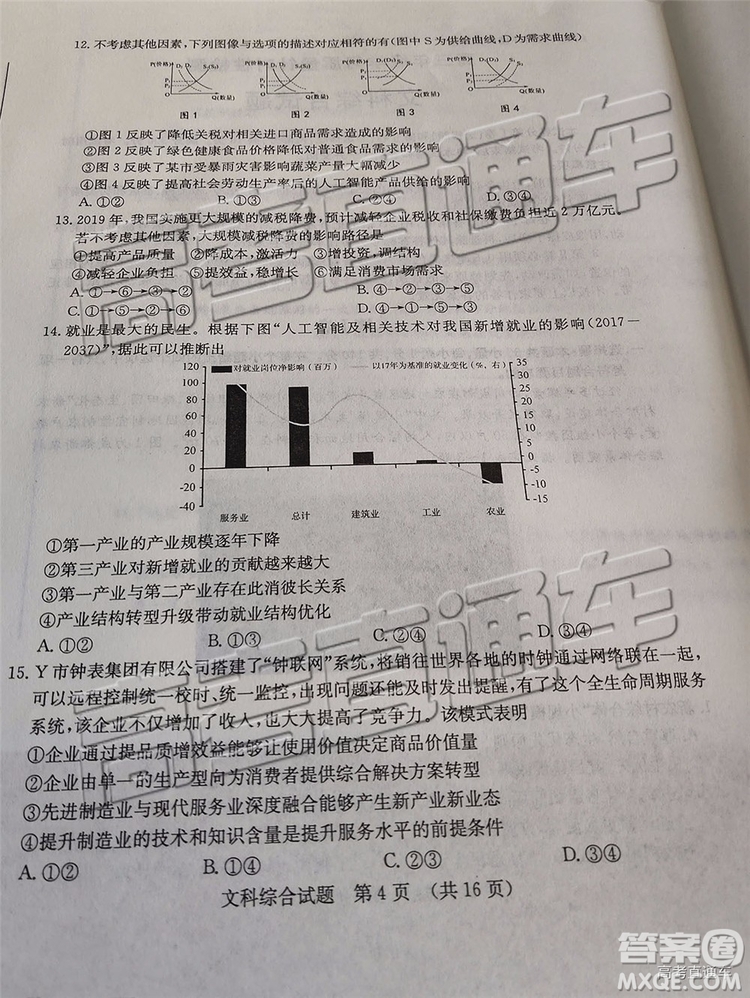 2019年濟(jì)南二模文理綜試題及參考答案