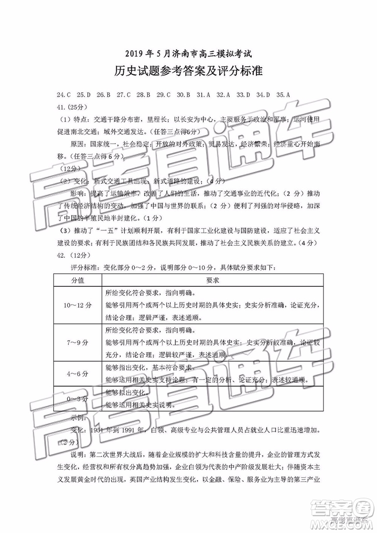 2019年濟(jì)南二模文理綜試題及參考答案