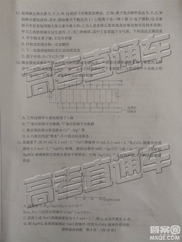 2019年濟(jì)南二模文理綜試題及參考答案