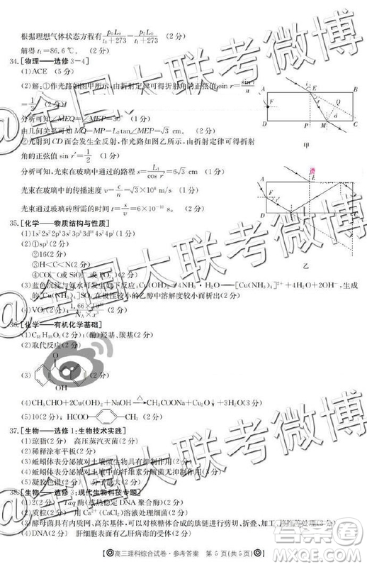 2019年5月金太陽(yáng)大聯(lián)考文理綜答案 ????